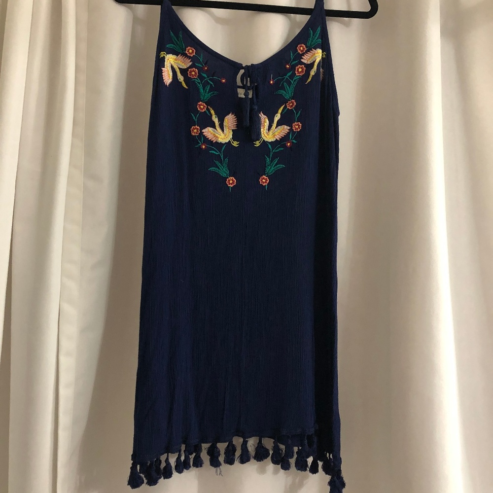 Navy Blue Dress w/Floral Pattern and Pom Poms